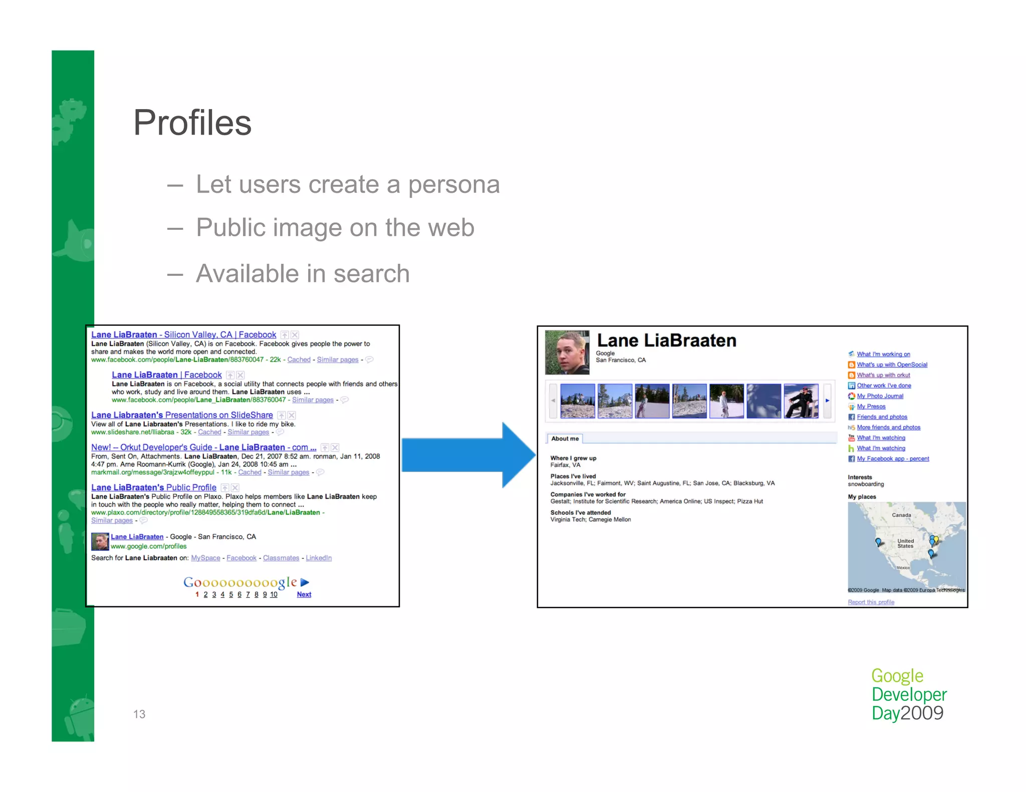 Profiles
     –  Let users create a persona
     –  Public image on the web
     –  Available in search




13
 