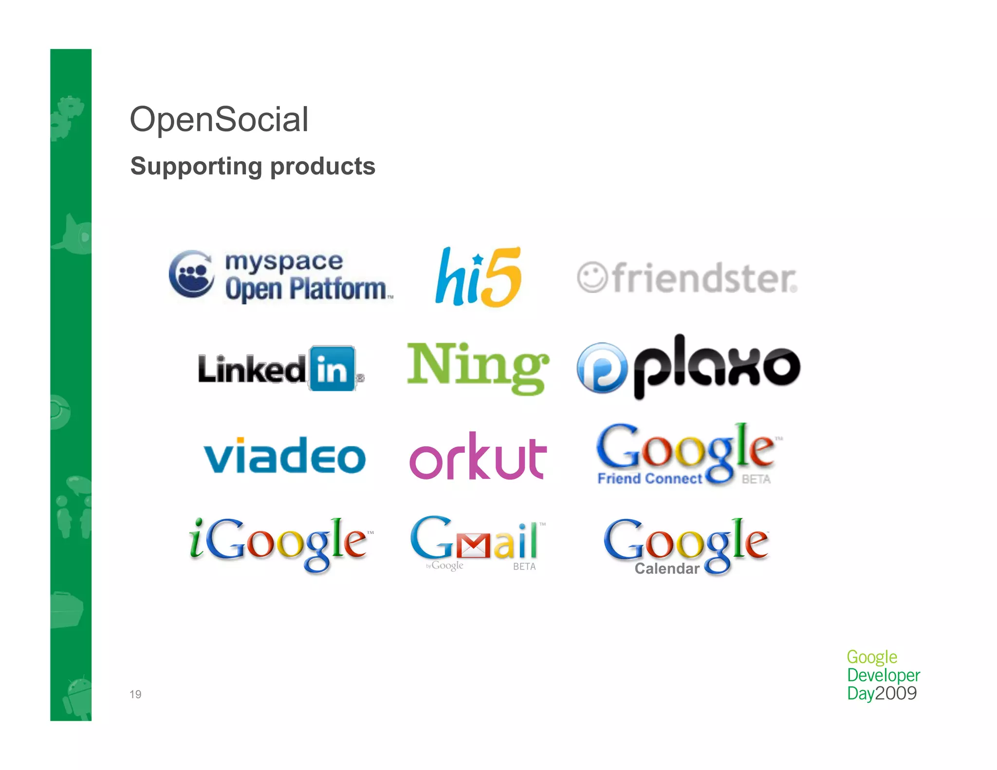 OpenSocial
Supporting products




19
 