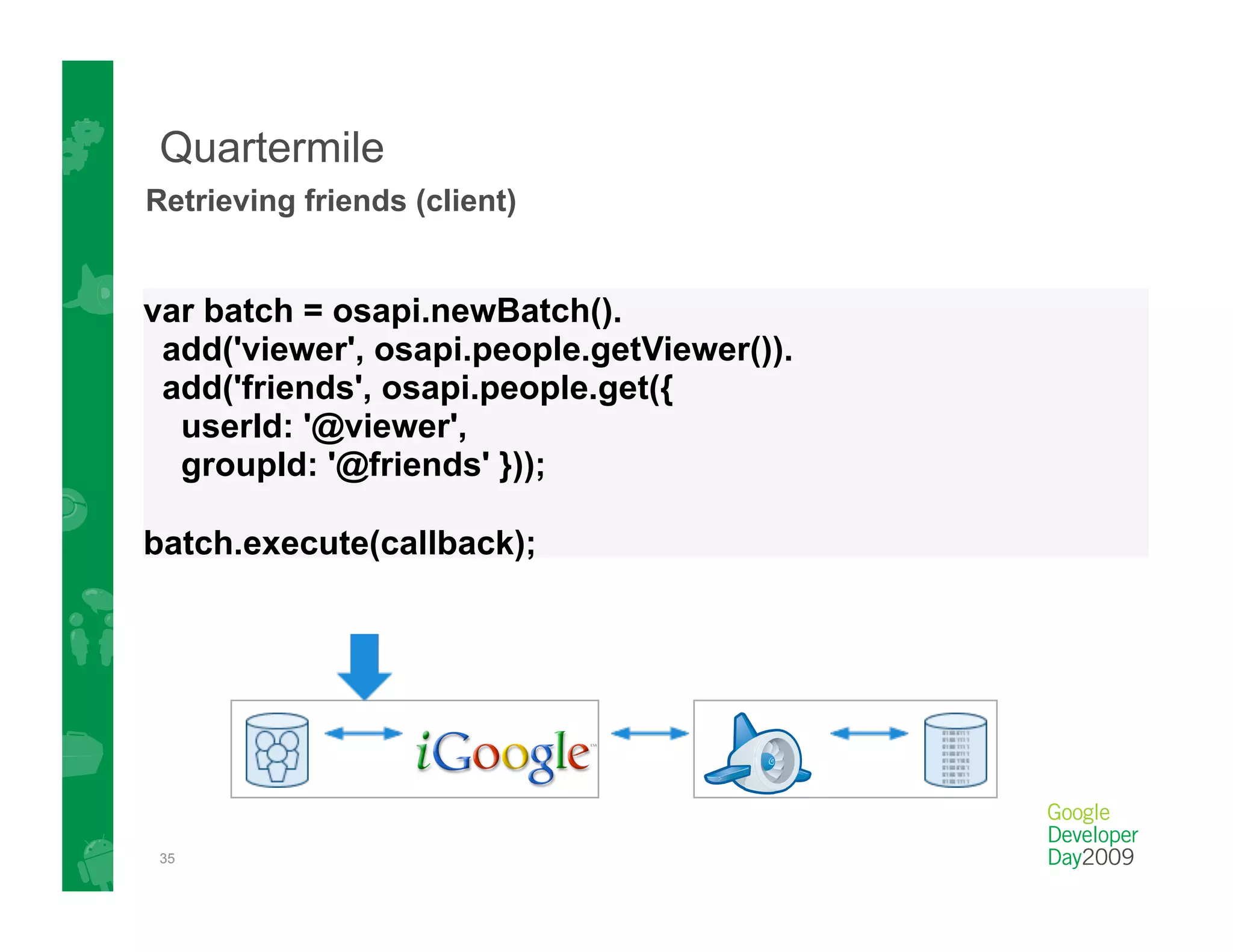 Quartermile
Retrieving friends (client)


var batch = osapi.newBatch().
 add('viewer', osapi.people.getViewer()).
 add('friends', osapi.people.get({
  userId: '@viewer',
  groupId: '@friends' }));

batch.execute(callback);




 35
 