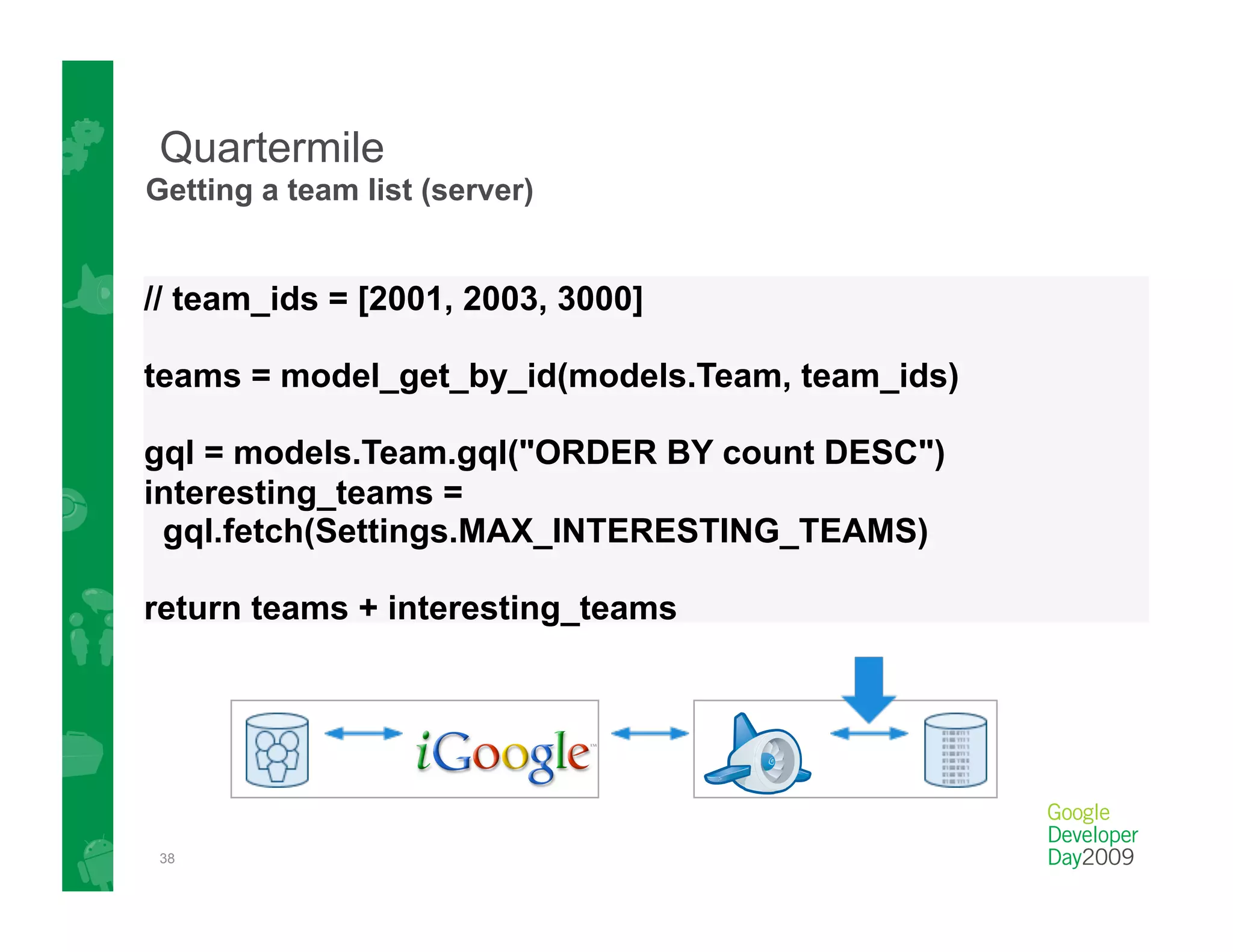 Quartermile
Getting a team list (server)


// team_ids = [2001, 2003, 3000]

teams = model_get_by_id(models.Team, team_ids)

gql = models.Team.gql("ORDER BY count DESC")
interesting_teams =
 gql.fetch(Settings.MAX_INTERESTING_TEAMS)

return teams + interesting_teams




 38
 
