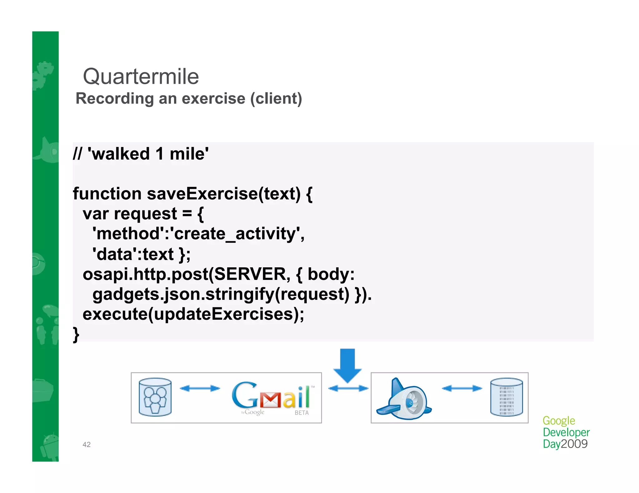 Quartermile
Recording an exercise (client)


// 'walked 1 mile'

function saveExercise(text) {
  var request = {
   'method':'create_activity',
   'data':text };
  osapi.http.post(SERVER, { body:
   gadgets.json.stringify(request) }).
  execute(updateExercises);
}




 42
 