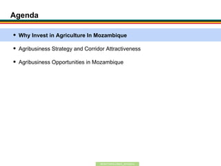 Agenda

   Why Invest in Agriculture In Mozambique

   Agribusiness Strategy and Corridor Attractiveness

   Agribusiness Opportunities in Mozambique




                                    MONITORGLOBES_20120214
                                          1
 