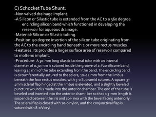 C) SchocketTube Shunt:
-Non valved drainage implant.
-A Silicon or Silastic tube is extended from the AC to a 360 degree
encircling silicon band which functioned in developing the
reservoir for aqueous drainage.
-Material: Silicon or Silastic tubing.
-Position: 90 degree insertion of the silicon tube originating from
the AC to the encircling band beneath 2 or more rectus muscles
-Features: Its provides a larger surface area of reservoir compared
to molteno implant.
-Procedure: A 30-mm long silastic lacrimal tube with an internal
diameter of 0.30 mm is sutured inside the groove of a #20 silicone band,
leaving 15 mm of the tube extending from the band.The encircling band
is circumferentially sutured to the sclera, 10–12 mm from the limbus
beneath the four rectus muscles, with 5-0 Supramid sutures.A square 3–
4mm scleral flap hinged at the limbus is elevated, and a slightly beveled
puncture wound is made into the anterior chamber.The end of the tube is
beveled and inserted into the anterior cham- ber so that a 3-mm length is
suspended between the iris and cor- nea with the bevel facing anteriorly.
The scleral flap is closed with 10-0 nylon, and the conjunctival flap is
sutured with 8-0Vicryl.
 