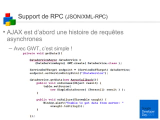 Support de RPC  (JSON/XML-RPC) AJAX est d’abord une histoire de requêtes asynchrones Avec GWT, c’est simple ! 