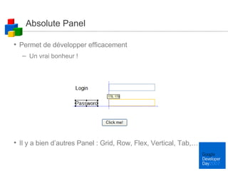 Absolute Panel Permet de développer efficacement Un vrai bonheur ! Il y a bien d’autres Panel : Grid, Row, Flex, Vertical, Tab,… 