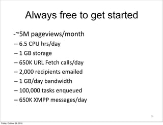 Always free to get started
 ‐~5M pageviews/month
– 6.5 CPU hrs/day
– 1 GB storage
– 650K URL Fetch calls/day
– 2,000 recip...