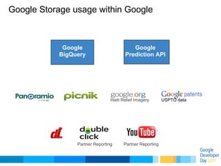 Google Storage usage within Google



            Google                        Google
           BigQuery                ...