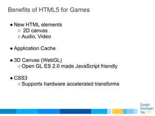 Benefits of HTML5 for Games

● New HTML elements
   ○ 2D canvas
   ○ Audio, Video

● Application Cache

● 3D Canvas (WebGL...