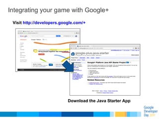 Integrating your game with Google+
 Visit http://developers.google.com/+




                            Download the Java...