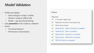 • Profile and validate
• Data (changes to shape / profile)
• Model in isolation (offline A/B)
• Model + app (functional testing)
• Gate promotion of the model on validation
• Assess
• Functional behavior
• Performance characteristics
 