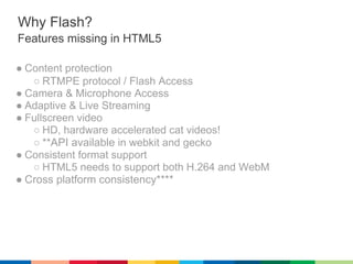 Why HTML5?
<video> Expectations

● Open source technology
   ○ Browser / Player / Codec
 