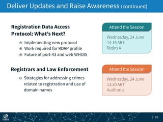 | 16
Deliver Updates and Raise Awareness (continued)
Registration Data Access
Protocol: What’s Next?
!! Implementing new protocol
!! Work required for RDAP profile
!! Future of port-43 and web WHOIS
Wednesday, 24 June
14:15 ART
Retiro A
Attend the Session
Wednesday, 24 June
13:30 ART
Auditorio
Attend the SessionRegistrars and Law Enforcement
!! Strategies for addressing crimes
related to registration and use of
domain names
 