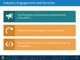 | 20
Industry Engagement and Services
Implement case management improvements.
GoalPost final policy and announce implementation
of the IRTP C.
Release API for Service Level Agreement monitoring
for registries.
 