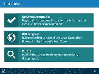 | 23
Initiatives
IDN Program
Release the first version of the Label Generation
Ruleset for the Internet’s Root Zone.
Goal
Universal Acceptance
Begin defining success factors for the initiative and
establish baseline measurement.
WHOIS
Publish the WHOIS Implementation Advisory
Group report.
 