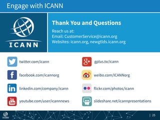 | 25
Reach us at:
Email: CustomerService@icann.org
Websites: icann.org, newgtlds.icann.org
Thank You and Questions
gplus.to/icann
weibo.com/ICANNorg
flickr.com/photos/icann
slideshare.net/icannpresentations
twitter.com/icann
facebook.com/icannorg
linkedin.com/company/icann
youtube.com/user/icannnews
Engage with ICANN
 