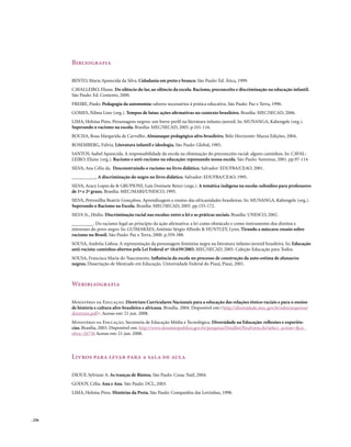Bibliografia

        BENTO, Maria Aparecida da Silva. Cidadania em preto e branco. São Paulo: Ed. Ática, 1999.
        CAVALLEIRO, Eliane. Do silêncio do lar, ao silêncio da escola. Racismo, preconceito e discriminação na educação infantil.
        São Paulo: Ed. Contexto, 2000.
        FREIRE, Paulo. Pedagogia da autonomia: saberes necessários à prática educativa. São Paulo: Paz e Terra, 1996.
        GOMES, Nilma Lino (org.). Tempos de lutas: ações afirmativas no contexto brasileiro. Brasília: MEC/SECAD, 2006.
        LIMA, Heloísa Pires. Personagens negros: um breve perfil na literatura infanto-juvenil. In: MUNANGA, Kabengele (org.).
        Superando o racismo na escola. Brasília: MEC/SECAD, 2005. p.101-116.
        ROCHA, Rosa Margarida de Carvalho. Almanaque pedagógico afro-brasileiro. Belo Horizonte: Mazza Edições, 2004.
        ROSEMBERG, Fúlvia. Literatura infantil e ideologia. São Paulo: Global, 1985.
        SANTOS, Isabel Aparecida. A responsabilidade da escola na eliminação do preconceito racial: alguns caminhos. In: CAVAL-
        LEIRO, Eliane (org.). Racismo e anti-racismo na educação: repensando nossa escola. São Paulo: Summus, 2001. pp.97-114
        SILVA, Ana Célia da. Desconstruindo o racismo no livro didático. Salvador: EDUFBA/CEAO, 2001.
        __________, A discriminação do negro no livro didático. Salvador: EDUFBA/CEAO, 1995.
        SILVA, Aracy Lopes da & GRUPIONI, Luís Donisete Benzi (orgs.). A temática indígena na escola: subsídios para professores
        de 1º e 2º graus. Brasília: MEC/MARI/UNESCO, 1995.
        SILVA, Petronilha Beatriz Gonçalves. Aprendizagem e ensino das africanidades brasileiras. In: MUNANGA, Kabengele (org.).
        Superando o Racismo na Escola. Brasília: MEC/SECAD, 2005. pp.155-172.
        SILVA Jr., Hédio. Discriminação racial nas escolas: entre a lei e as práticas sociais. Brasília: UNESCO, 2002.
        _________. Do racismo legal ao princípio da ação afirmativa: a lei como obstáculo e como instrumento dos direitos e
        interesses do povo negro. In: GUIMARÃES, Antônio Sérgio Alfredo & HUNTLEY, Lynn, Tirando a máscara: ensaio sobre
        racismo no Brasil. São Paulo: Paz e Terra, 2000. p.359-388.
        SOUSA, Andréia Lisboa. A representação da personagem feminina negra na literatura infanto-juvenil brasileira. In: Educação
        anti-racista: caminhos abertos pela Lei Federal nº 10.639/2003. MEC/SECAD, 2005. Coleção Educação para Todos.
        SOUSA, Francisca Maria do Nascimento. Influência da escola no processo de construção da auto-estima de alunas/os
        negros. Dissertação de Mestrado em Educação. Universidade Federal do Piauí, Piauí, 2001.



        Webibliografia

        Ministério da Educação. Diretrizes Curriculares Nacionais para a educação das relações étnico-raciais e para o ensino
        de história e cultura afro-brasileira e africana. Brasília. 2004. Disponível em:<http://diversidade.mec.gov.br/sdm/arquivos/
        diretrizes.pdf>. Acesso em: 21 jun. 2008.
        Ministério da Educação. Secretaria de Educação Média e Tecnológica. Diversidade na Educação: reflexões e experiên-
        cias. Brasília, 2003. Disponível em: http://www.dominiopublico.gov.br/pesquisa/DetalheObraForm.do?select_action=&co_
        obra=26736 Acesso em: 21 jun. 2008.



        Livros para levar para a sala de aula

        DIOUF, Sylviane A. As tranças de Bintou. São Paulo: Cosac Naif, 2004.
        GODOY, Célia. Ana e Ana. São Paulo: DCL, 2003.
        LIMA, Heloísa Pires. Histórias da Preta. São Paulo: Companhia das Letrinhas, 1998.




. 256
 