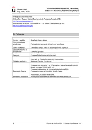 Vicerrectorado de Profesorado, Titulaciones,
Ordenación Académica, Coordinación y Campus
8 Última actualización: 25 de septiembre de 2012
Webs personales interesantes:
Web de Pere Marquès Graells (Departamento de Pedagogía Aplicada, UAB)
http://peremarques.pangea.org/
Web de Anibal de la Torre (Coordinador TIC I.E.S. Antonio Gala de Palma del Río)
http://www.adelat.org/index.php
IX.- Profesorado
Nombre y apellidos Rosa Belén Castro Núñez
Horario de tutorías
académicas Previa solicitud se acuerda el horario con la profesora.
Correo electrónico A través del campus virtual en la correspondiente asignatura
Departamento/área de
conocimiento Economía Aplicada I
Categoría Profesora Titular Interina de Universidad
Titulación Académica
Licenciada en Ciencias Económicas y Empresariales.
Doctora en Ciencias Económicas.
Experiencia Docente
Profesora de la asignatura “Las TIC aplicadas a la enseñanza de Economía”
durante los cursos 2010-11 y 2011-12.
Profesora de asignaturas de Economía Aplicada desde 2005.
Profesora de cursos de informática durante 2 años.
Experiencia profesional
Profesora de Universidad desde 2005.
Investigadora colaboradora en diferentes consultoras desde 2000.
 