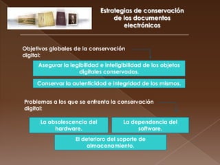 Estrategias de conservación de los documentos electrónicosObjetivos globales de la conservación digital:Asegurar la legibilidad e inteligibilidad de los objetos digitales conservados.Conservar la autenticidad e integridad de los mismos.Problemas a los que se enfrenta la conservación digital:La obsolescencia del hardware.La dependencia del software.El deterioro del soporte de almacenamiento.