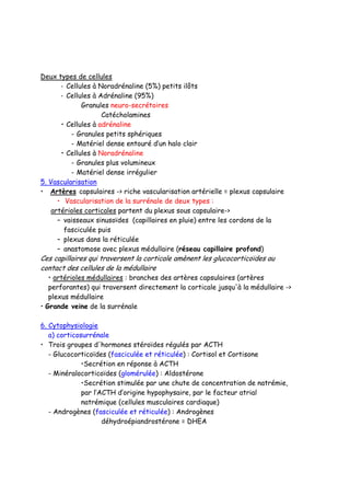 Deux types de cellules
• Cellules à Noradrénaline (5%) petits ilôts
• Cellules à Adrénaline (95%)
Granules neuro-secrétoires
Catécholamines
• Cellules à adrénaline
– Granules petits sphériques
– Matériel dense entouré d’un halo clair
• Cellules à Noradrénaline
– Granules plus volumineux
– Matériel dense irrégulier
5. Vascularisation
• Artères capsulaires -> riche vascularisation artérielle = plexus capsulaire
• Vascularisation de la surrénale de deux types :
artérioles corticales partent du plexus sous capsulaire->
– vaisseaux sinusoïdes (capillaires en pluie) entre les cordons de la
fasciculée puis
– plexus dans la réticulée
– anastomose avec plexus médullaire (réseau capillaire profond)
Ces capillaires qui traversent la corticale amènent les glucocorticoïdes au
contact des cellules de la médullaire
• artérioles médullaires : branches des artères capsulaires (artères
perforantes) qui traversent directement la corticale jusqu'à la médullaire ->
plexus médullaire
• Grande veine de la surrénale
6. Cytophysiologie
a) corticosurrénale
• Trois groupes d'hormones stéroïdes régulés par ACTH
- Glucocorticoïdes (fasciculée et réticulée) : Cortisol et Cortisone
•Secrétion en réponse à ACTH
- Minéralocorticoïdes (glomérulée) : Aldostérone
•Secrétion stimulée par une chute de concentration de natrémie,
par l’ACTH d’origine hypophysaire, par le facteur atrial
natrémique (cellules musculaires cardiaque)
- Androgènes (fasciculée et réticulée) : Androgènes
déhydroépiandrostérone = DHEA
 
