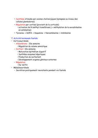 – Synthèse stimulée par axones cholinergiques (synapses au niveau des
cellules glandulaires)
– Régulation par cortisol (provient de la corticale)
• activation de N méthyl transférase (-> méthylation de la noradrénaline
en adrénaline)
– Tyrosine -> DOPA -> Dopamine -> Noradrénaline -> Adrénaline
7. Activité hormonale foetale
• Corticosurrénale
– Aldostérone : 33e semaine
• Régulation du volume amniotique
– Cortisol : 12e semaine
• Maturation épithélium digestif
• Synthèse enzymes hépatiques
• Production de surfactant
• Développement organes génitaux externes
– Régulation
• Par ACTH
• Médullosurrénale
– Secrétion pratiquement inexistante pendant vie foetale
 