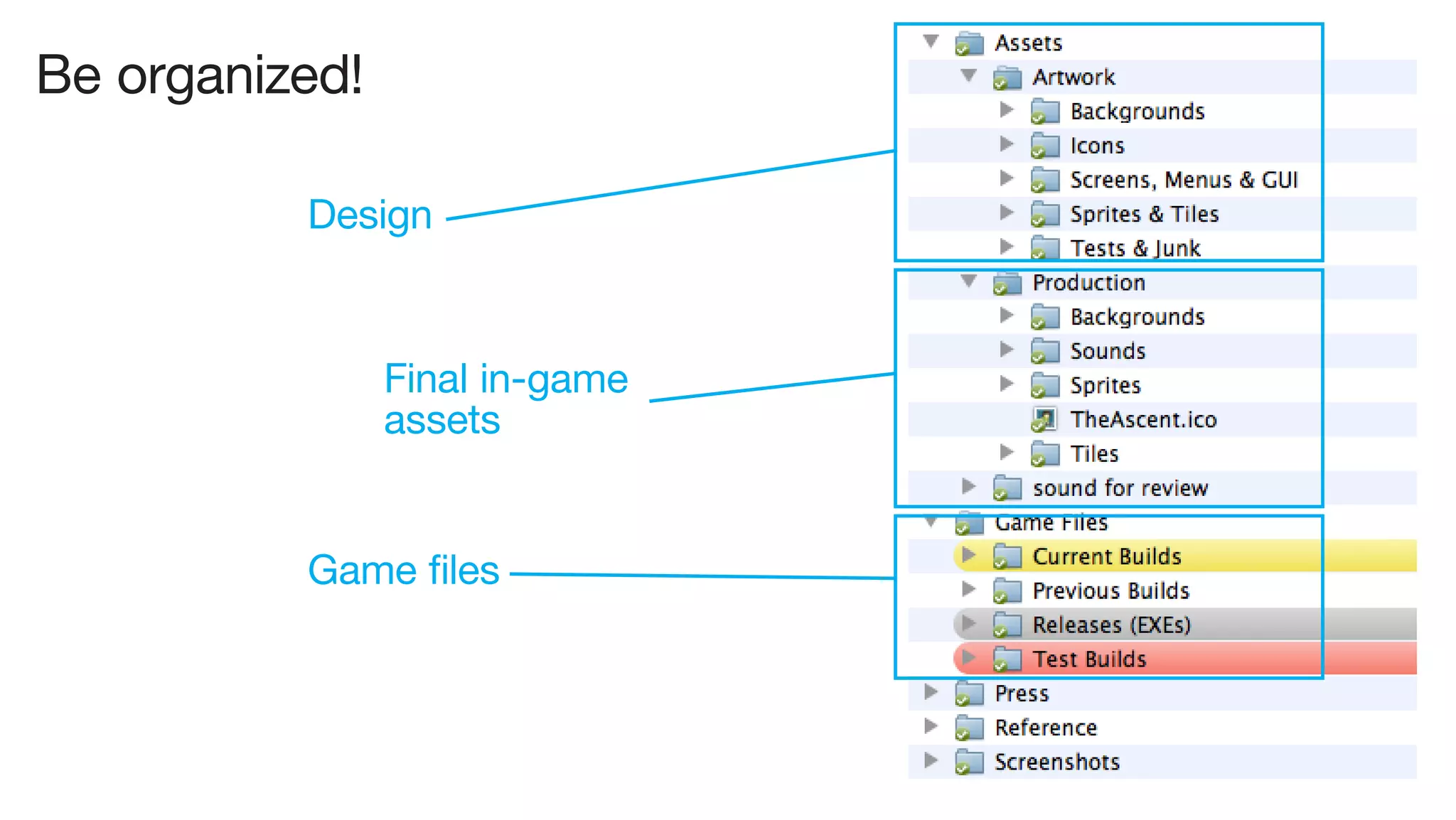 Be organized!

          Design



                Final in-game
                assets


          Game files
 