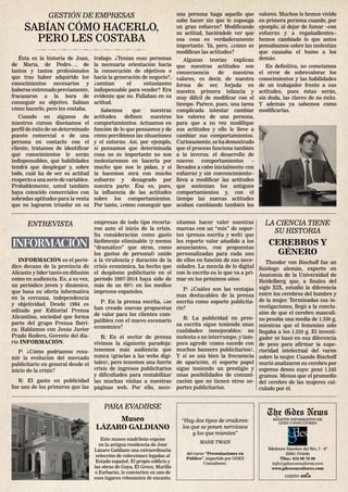 valores. Muchos lo hemos vivido
en primera persona cuando, por
ejemplo, al dejar de fumar –con
esfuerzo y a regañadientes–
hemos cambiado lo que antes
pensábamos sobre las molestias
que causaba el humo a los
demás.
En definitiva, no cometamos
el error de sobrevalorar los
conocimientos y las habilidades
de un trabajador frente a sus
actitudes, pues éstas serán,
sin duda, las claves de su éxito.
Y además ya sabemos cómo
modificarlas.
Ésta es la historia de Juan,
de María, de Pedro…, de
tantos y tantos profesionales
que tras haber adquirido los
conocimientos necesarios y
haberse entrenado previamente,
fracasaron a la hora de
conseguir su objetivo. Sabían
cómo hacerlo, pero les costaba.
Cuando en algunos de
nuestros cursos diseñamos el
perfil de éxito de un determinado
puesto comercial o de una
persona en contacto con el
cliente, tratamos de identificar
qué conocimientos le serán
indispensables, qué habilidades
tendrá que desplegar y, sobre
todo, cuál ha de ser su actitud
respectoaunaseriedevariables.
Probablemente, usted también
haya conocido comerciales con
sobradas aptitudes para la venta
que no lograron triunfar en su
GESTIÓN DE EMPRESAS
SABÍAN CÓMO HACERLO,
PERO LES COSTABA
ENTREVISTA
The Gdes News
BOLETÍN INFORMATIVO DE
GDES CONSULTORES
Ildefonso Sánchez del Río, 7 - 4º
33001 Oviedo
Tfno.: 616 99 79 00
info@gdesconsultores.com
www.gdesconsultores.com
DISEÑO:
“Hay dos tipos de oradores:
los que se ponen nerviosos
y los que mienten”
MARK TWAIN
del curso “Presentaciones en
Público”, impartido por GDES
Consultores.
Theodor von Bischoff fue un
fisiólogo alemán, experto en
Anatomía de la Universidad de
Heidelberg que, a finales del
siglo XIX, estudió la diferencia
entre los cerebros del hombre y
de la mujer. Terminadas sus in-
vestigaciones, llegó a la conclu-
sión de que el cerebro masculi-
no pesaba una media de 1.350 g,
mientras que el femenino sólo
llegaba a los 1.250 g. El investi-
gador se basó en esa diferencia
de peso para afirmar la supe-
rioridad intelectual del varón
sobre la mujer. Cuando Bischoff
murió analizaron su cerebro por
expreso deseo suyo: pesó 1.245
gramos. Menos que el promedio
del cerebro de las mujeres cal-
culado por él.
trabajo. ¿Tenían esas personas
la necesaria orientación hacia
la consecución de objetivos o
hacia la generación de negocio?,
¿sentían el entusiasmo
indispensable para vender? Era
evidente que no. Fallaban en su
actitud.
Sabemos que nuestras
actitudes definen nuestros
comportamientos. Actuamos en
función de lo que pensamos y de
cómo percibimos las situaciones
y el entorno. Así, por ejemplo,
si pensamos que determinada
cosa no es importante no nos
molestaremos en hacerla por
mucho que nos lo pidan, y si
la hacemos será con mucho
esfuerzo y desagrado por
nuestra parte. Ésa es, pues,
la influencia de las actitudes
sobre los comportamientos.
Por tanto, ¿cómo conseguir que
una persona haga aquello que
sabe hacer sin que le suponga
un gran esfuerzo? Modificando
su actitud, haciéndole ver que
esa cosa es verdaderamente
importante. Ya, pero, ¿cómo se
modifican las actitudes?
Algunas teorías explican
que nuestras actitudes son
consecuencia de nuestros
valores, es decir, de nuestra
forma de ser, forjada en
nuestra primera infancia y
muy difícil de modificar con el
tiempo. Parece, pues, una tarea
complicada intentar cambiar
los valores de una persona,
para que a su vez modifique
sus actitudes y ello le lleve a
cambiar sus comportamientos.
Curiosamente,sehademostrado
que el proceso funciona también
a la inversa: el desarrollo de
nuevos comportamientos –
llevados a cabo inicialmente con
esfuerzo y sin convencimiento–
lleva a modificar las actitudes
que sostenían los antiguos
comportamientos y, con el
tiempo las nuevas actitudes
acaban cambiando también los
LA CIENCIA TIENE
SU HISTORIA
CEREBROS Y
GÉNERO
PARA EVADIRSE
Museo
LÁZARO GALDIANO
Este museo madrileño expone
en la antigua residencia de José
Lázaro Galdiano una extraordinaria
selección de colecciones legadas al
Estado español. El propio edificio y
las obras de Goya, El Greco, Murillo
o Zurbarán, lo convierten en uno de
esos lugares rebosantes de encanto.
INFORMACIÓN es el perió-
dico decano de la provincia de
Alicante y líder tanto en difusión
como en audiencia. Es, a su vez,
un periódico joven y dinámico,
que basa su oferta informativa
en la cercanía, independencia
y objetividad. Desde 1984 es
editado por Editorial Prensa
Alicantina, sociedad que forma
parte del grupo Prensa Ibéri-
ca. Hablamos con Jesús Javier
Prado Rodero, Gerente del dia-
rio INFORMACIÓN.
P: ¿Cómo podríamos resu-
mir la evolución del mercado
publicitario en general desde el
inicio de la crisis?
R: El gasto en publicidad
fue uno de los primeros que las
empresas de todo tipo recorta-
ron ante el inicio de la crisis.
Su consideración como gasto
fácilmente eliminable (y menos
“dramático” que otros, como
los gastos de personal) unido
a la virulencia y duración de la
crisis económica, ha hecho que
el desplome publicitario en el
período 2007-2014 haya sido de
más de un 60% en los medios
impresos españoles.
P: En la prensa escrita, ¿se
han creado nuevas propuestas
de valor para los clientes com-
patibles con el nuevo escenario
económico?
R: En el sector de prensa
vivimos la siguiente paradoja:
tenemos más audiencia que
nunca (gracias a las webs digi-
tales), pero tenemos una fuerte
crisis de ingresos publicitarios
y dificultades para rentabilizar
las muchas visitas a nuestras
páginas web. Por ello, nece-
sitamos hacer valer nuestras
marcas con un “mix” de sopor-
tes (prensa escrita y web) que
les reporte valor añadido a los
anunciantes, con propuestas
personalizadas para cada uno
de ellos en función de sus nece-
sidades. La mezcla de lo digital
con lo escrito es lo que va a pri-
mar en los próximos años.
P: ¿Cuáles son las ventajas
más destacables de la prensa
escrita como soporte publicita-
rio?
R: La publicidad en pren-
sa escrita sigue teniendo unas
cualidades inmejorables: no
molesta o no interrumpe, y tam-
poco agrede (como sucede con
muchos banners publicitarios).
Y si se usa bien la frecuencia
de aparición, el soporte papel
sigue teniendo un prestigio y
unas posibilidades de comuni-
cación que no tienen otros so-
portes publicitarios.
 