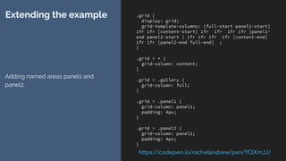 .grid {
display: grid;
grid-template-columns: [full-start panel1-start]
1fr 1fr [content-start] 1fr 1fr 1fr 1fr [panel1-
end panel2-start ] 1fr 1fr 1fr 1fr [content-end]
1fr 1fr [panel2-end full-end] ;
}
.grid > * {
grid-column: content;
}
.grid > .gallery {
grid-column: full;
}
.grid > .panel1 {
grid-column: panel1;
padding: 4px;
}
.grid > .panel2 {
grid-column: panel2;
padding: 4px;
}
Extending the example
Adding named areas panel1 and
panel2.
https://codepen.io/rachelandrew/pen/YQXmJJ/
 