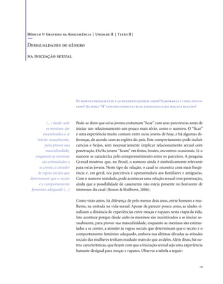 . 33
Pode-se dizer que os/as jovens costumam“ficar”com seus parceiro/as antes de
iniciar um relacionamento um pouco mais sério, como o namoro. O “ficar”
é uma experiência muito comum entre os/as jovens de hoje, e há algumas di-
ferenças, de acordo com as regiões do país. Este comportamento pode incluir
carícias e beijos, sem necessariamente implicar relacionamento sexual com
penetração. Os/As jovens “ficam” em festas, boates, encontros ocasionais. Já o
namoro se caracteriza pelo comprometimento entre os parceiros. A pesquisa
Gravad mostrou que, no Brasil, o namoro ainda é simbolicamente relevante
para os/as jovens. Neste tipo de relação, o casal se encontra com mais freqü-
ência e, em geral, o/a parceiro/a é apresentado/a aos familiares e amigos/as.
Com o namoro instalado, pode acontecer uma relação sexual com penetração,
ainda que a possibilidade de casamento não esteja presente no horizonte de
interesses do casal (Bozon & Heilborn, 2006).
Como visto antes, há diferença de pelo menos dois anos, entre homens e mu-
lheres, na entrada na vida sexual. Apesar de parecer pouca coisa, as idades si-
nalizam a distância de experiências entre moças e rapazes nesta etapa da vida.
Isto acontece porque desde cedo os meninos são incentivados a se iniciar se-
xualmente, para provar sua masculinidade, enquanto as meninas são estimu-
ladas a se conter, a atender às regras sociais que determinam que o recato é o
comportamento feminino adequado, embora nas últimas décadas as atitudes
sociais das mulheres tenham mudado mais do que as deles. Além disso, há ou-
tras características, que fazem com que a iniciação sexual seja uma experiência
bastante desigual para moças e rapazes. Observe a tabela a seguir:
Módulo V: Gravidez na Adolescência | Unidade II | Texto II |
Desigualdades de gênero
na iniciação sexual
Os homens desejam sexo e as mulheres querem amor? Namorar já é coisa do pas-
sado? Na hora “H” existem condutas mais adequadas para moças e rapazes?
(...) desde cedo
os meninos são
incentivados a se
iniciar sexualmente,
para provar sua
masculinidade,
enquanto as meninas
são estimuladas a
se conter, a atender
às regras sociais que
determinam que o recato
é o comportamento
feminino adequado (...)
 