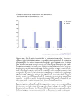 . 38
| Proporção de jovens com quatro anos ou mais de vida sexual,
segundo o número de parceiros sexuais e sexo
FONTE: Pesquisa GRAVAD, 2002.
POPULAÇÃO: Jovens de 18 a 24 anos, Porto Alegre (RS), Rio de Janeiro (RJ), Salvador (BA).
Sabemos que a idéia de que os homens podem ter muitas parceiras, pois isso é signo de vi-
rilidade, é muito disseminada, enquanto se espera das mulheres uma atitude de modéstia na
esfera sexual. Este tipo de comportamento é reforçado, por exemplo, a cada vez que ouvimos a
frase:“prendam suas cabras que meu bode está solto”.Além disso, podemos interpretar esta di-
ferença, encontrada nas respostas dos entrevistados, por uma lógica mnemônica. Para as mo-
ças ela opera no sentido da construção social do gênero feminino, em que o sexo está subordi-
nado à afetividade (perspectiva relacional da sexualidade). Assim, as mulheres rememorariam
seus parceiros de forma seletiva, tendendo a reter aqueles com os quais tiveram vínculos mais
significativos e a “esquecer”, ou não computar, os parceiros de menor importância afetiva. No
caso dos homens a contabilidade é efetuada de maneira inversa, uma vez que a sexualidade
masculina é modelada no sentido da disposição para a atividade sexual e valorização de um
número elevado de parceiras, ambos atributos da masculinidade hegemônica.
Esperamos que estes dados ajudem a desfazer alguns mitos presentes em torno da sexualidade
juvenil, como a associação entre as idéias de permissividade sexual e gravidez na adolescência.
Estas concepções moralizantes e simplificadoras dificultam o entendimento da complexidade do
fenômeno, que passa a um terreno discriminatório ou alimenta uma espécie de pânico social.
Mulheres
Homens
0
10
20
30
40
50
60
70
1 2 ou3 4 ou 5 6 ou mais
 
