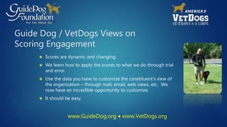Guide Dog / VetDogs Views on 
Scoring Engagement 
 Scores are dynamic and changing. 
 We learn how to apply the scores to what we do through trial 
and error. 
 Use the data you have to customize the constituent’s view of 
the organization – through mail, email, web views, etc. We 
now have an incredible opportunity to customize. 
 It should be easy. 
www.GuideDog.org  www.VetDogs.org 
 