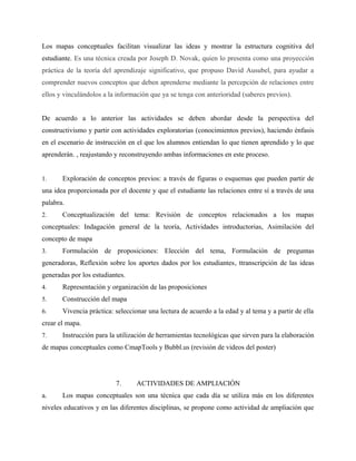 Los mapas conceptuales facilitan visualizar las ideas y mostrar la estructura cognitiva del
estudiante. Es una técnica creada por Joseph D. Novak, quien lo presenta como una proyección
práctica de la teoría del aprendizaje significativo, que propuso David Ausubel, para ayudar a
comprender nuevos conceptos que deben aprenderse mediante la percepción de relaciones entre
ellos y vinculándolos a la información que ya se tenga con anterioridad (saberes previos).


De acuerdo a lo anterior las actividades se deben abordar desde la perspectiva del
constructivismo y partir con actividades exploratorias (conocimientos previos), haciendo énfasis
en el escenario de instrucción en el que los alumnos entiendan lo que tienen aprendido y lo que
aprenderán. , reajustando y reconstruyendo ambas informaciones en este proceso.


1.     Exploración de conceptos previos: a través de figuras o esquemas que pueden partir de
una idea proporcionada por el docente y que el estudiante las relaciones entre sí a través de una
palabra.
2.     Conceptualización del tema: Revisión de conceptos relacionados a los mapas
conceptuales: Indagación general de la teoría, Actividades introductorias, Asimilación del
concepto de mapa
3.     Formulación de proposiciones: Elección del tema, Formulación de preguntas
generadoras, Reflexión sobre los aportes dados por los estudiantes, ttranscripción de las ideas
generadas por los estudiantes.
4.     Representación y organización de las proposiciones
5.     Construcción del mapa
6.     Vivencia práctica: seleccionar una lectura de acuerdo a la edad y al tema y a partir de ella
crear el mapa.
7.     Instrucción para la utilización de herramientas tecnológicas que sirven para la elaboración
de mapas conceptuales como CmapTools y Bubbl.us (revisión de videos del poster)




                          7.      ACTIVIDADES DE AMPLIACIÓN
a.     Los mapas conceptuales son una técnica que cada día se utiliza más en los diferentes
niveles educativos y en las diferentes disciplinas, se propone como actividad de ampliación que
 