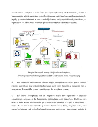 los estudiantes desarrollen socialización o exposiciones utilizando esta herramienta y basado en
la construcción colectiva de mapas en donde se involucre materiales hilos, palabras escritas sobre
papel y gráficos relacionados al tema con el objetivo que la representación del pensamiento y la
organización de ideas pueda encontrar aplicaciones diferentes al reporte de lecturas.




                     Imagen descargada de http://blogs.educared.org/red-
        pronino/josefaortizdedominguez/files/2011/04/vertebrados-mapa-conceptual.jpg


b.     Los campos de aplicación que tiene los mapas conceptuales es variada, por lo tanto las
personas que utilizan este herramientas la pueden hacer como elemento de planeación para la
presentación de una unidad o tema específico para dar un enfoque general.


c.     Los mapas conceptuales son un magnífico medio para representar y organizar
conocimiento. Apoyado en las herramientas informáticas como CmapTools, Bubbl.us, entre
otros, se puede pedir a los estudiantes que construyan un mapa que sirva para la navegación. El
mapa debe ser creado con elementos y recursos hipermediales (texto, imágenes, video, otros
mapas conceptuales, etc), en donde el usuario selecciona un concepto y este mostrará material de
 