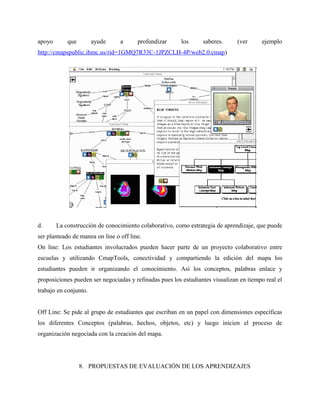 apoyo       que        ayude     a      profundizar     los      saberes.      (ver      ejemplo
http://cmapspublic.ihmc.us/rid=1GMQ7R33C-1JPZCLH-4P/web2.0.cmap)




d.      La construcción de conocimiento colaborativo, como estrategia de aprendizaje, que puede
ser planteado de manea on line o off line.
On line: Los estudiantes involucrados pueden hacer parte de un proyecto colaborativo entre
escuelas y utilizando CmapTools, conectividad y compartiendo la edición del mapa los
estudiantes pueden ir organizando el conocimiento. Así los conceptos, palabras enlace y
proposiciones pueden ser negociadas y refinadas pues los estudiantes visualizan en tiempo real el
trabajo en conjunto.


Off Line: Se pide al grupo de estudiantes que escriban en un papel con dimensiones específicas
los diferentes Conceptos (palabras, hechos, objetos, etc) y luego inicien el proceso de
organización negociada con la creación del mapa.




                  8. PROPUESTAS DE EVALUACIÓN DE LOS APRENDIZAJES
 