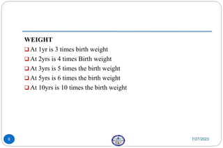 WEIGHT
 At 1yr is 3 times birth weight
 At 2yrs is 4 times Birth weight
 At 3yrs is 5 times the birth weight
 At 5yrs is 6 times the birth weight
 At 10yrs is 10 times the birth weight
7/27/2023
6
 