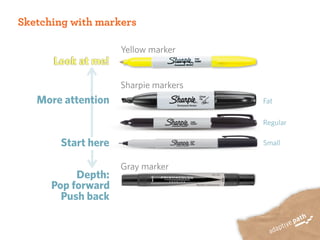 Sketching with markers

                    Yellow marker
      Look at me!

                    Sharpie markers
   More attention                     Fat

                                      Regular

       Start here                     Small


                    Gray marker
           Depth:
      Pop forward
        Push back
 