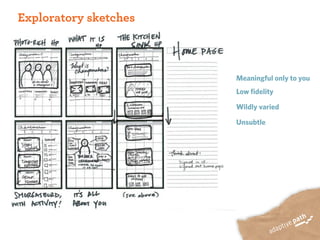 Exploratory sketches



                       Meaningful only to you
                       Low fidelity

                       Wildly varied

                       Unsubtle
 