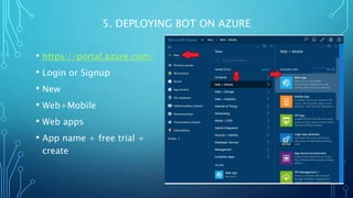 5. DEPLOYING BOT ON AZURE
• https://portal.azure.com/
• Login or Signup
• New
• Web+Mobile
• Web apps
• App name + free trial +
create
 