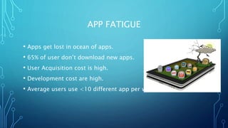 APP FATIGUE
• Apps get lost in ocean of apps.
• 65% of user don’t download new apps.
• User Acquisition cost is high.
• Development cost are high.
• Average users use <10 different app per week.
 