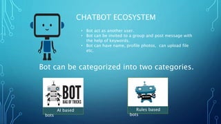 • Bot act as another user.
• Bot can be invited to a group and post message with
the help of keywords.
• Bot can have name, profile photos, can upload file
etc.
CHATBOT ECOSYSTEM
Bot can be categorized into two categories.
Rules based
bots
AI based
bots
 