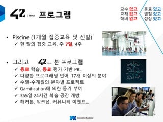 프로그램
• Piscine (1개월 집중교육 및 선발)
 한 달의 집중 교육, 주 7일, 4주
• 그리고 본 프로그램
 동료 학습, 동료 평가 기반 PBL
 다양한 프로그래밍 언어, 17개 이상의 분야
 수일-수개월의 분야별 프로젝트
 Gamification에 의한 동기 부여
 365일 24시간 학습 공간 개방
 해커톤, 워크셥, 커뮤니티 이벤트…
교수 없고 동료 있고
교재 없고 열정 있고
학비 없고 성장 있고
 