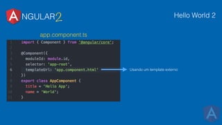 NGULAR2 Hello World 2
Usando um template externo
app.component.ts
 