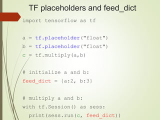 TF placeholders and feed_dict
import tensorflow as tf
a = tf.placeholder("float")
b = tf.placeholder("float")
c = tf.multiply(a,b)
# initialize a and b:
feed_dict = {a:2, b:3}
# multiply a and b:
with tf.Session() as sess:
print(sess.run(c, feed_dict))
 
