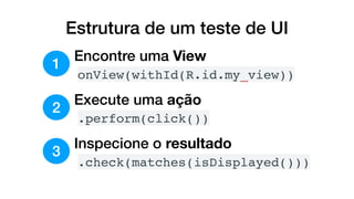 Estrutura de um teste de UI
1
Encontre uma View
onView(withId(R.id.my_view))
2
Execute uma ação
.perform(click())
3
Inspecione o resultado
.check(matches(isDisplayed()))
 
