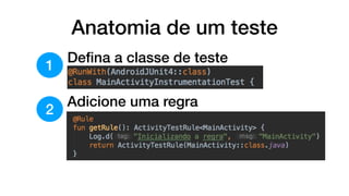 Anatomia de um teste
1
Deﬁna a classe de teste
2
Adicione uma regra
 