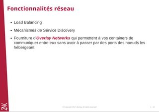Fonctionnalités réseau
Load Balancing
Mécanismes de Service Discovery
Fourniture d'Overlay Networks qui permettent à vos containers de
communiquer entre eux sans avoir à passer par des ports des noeuds les
hébergeant
© Copyright 2017 Zenika. All rights reserved 1 - 10
 