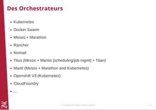 Des Orchestrateurs
Kubernetes
Docker Swarm
Mesos + Marathon
Rancher
Nomad
Titus (Mesos + Mantis [scheduling/job mgmt] + Titan)
Mantl (Mesos + Marathon and Kubernetes)
Openshift V3 (Kubernetes)
CloudFoundry
...
© Copyright 2017 Zenika. All rights reserved 1 - 12
 