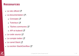 Ressources

 :








Le site officiel
La documentation
Concepts
Tutoriaux
Tâches communes
API et kubectl
Le code source
Le compte twitter
Le canal Slack
La section StackOverflow
© Copyright 2017 Zenika. All rights reserved 1 - 18
 