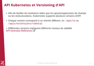API Kubernetes et Versioning d'API
Afin de faciliter les évolutions telles que les ajouts/suppression de champs
ou les restructurations, Kubernetes supporte plusieurs versions d'API
Chaque version correspond à un chemin différent, ex: /api/v1 ou
/apis/extensions/v1beta1
Différentes versions impliquent différents niveaux de stabilité
API Overview Reference
© Copyright 2017 Zenika. All rights reserved 2 - 7
 