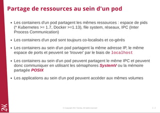 Partage de ressources au sein d'un pod
Les containers d'un pod partagent les mêmes ressources : espace de pids
(* Kubernetes >= 1.7, Docker >=1.13), file system, réseaux, IPC (Inter
Process Communication)
Les containers d'un pod sont toujours co-localisés et co-gérés
Les containers au sein d'un pod partagent la même adresse IP, le même
espace de ports et peuvent se 'trouver' par le biais de localhost
Les containers au sein d'un pod peuvent partagent le même IPC et peuvent
donc communiquer en utilisant les sémaphores SystemV ou la mémoire
partagée POSIX
Les applications au sein d'un pod peuvent accéder aux mêmes volumes
© Copyright 2017 Zenika. All rights reserved 3 - 2
 