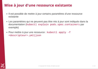 Mise à jour d'une ressource existante
Il est possible de mettre à jour certains paramètres d'une ressource
existante
Les paramètres qui ne peuvent pas être mis à jour sont indiqués dans la
documentation (kubectl explain pods.spec.containers par
exemple)
Pour mettre à jour une ressource : kubectl apply -f
<descripteur>.yml|json
© Copyright 2017 Zenika. All rights reserved 3 - 12
 